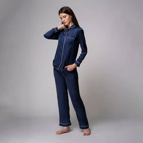 Customised Premium Satin Pajamas Set- Navy