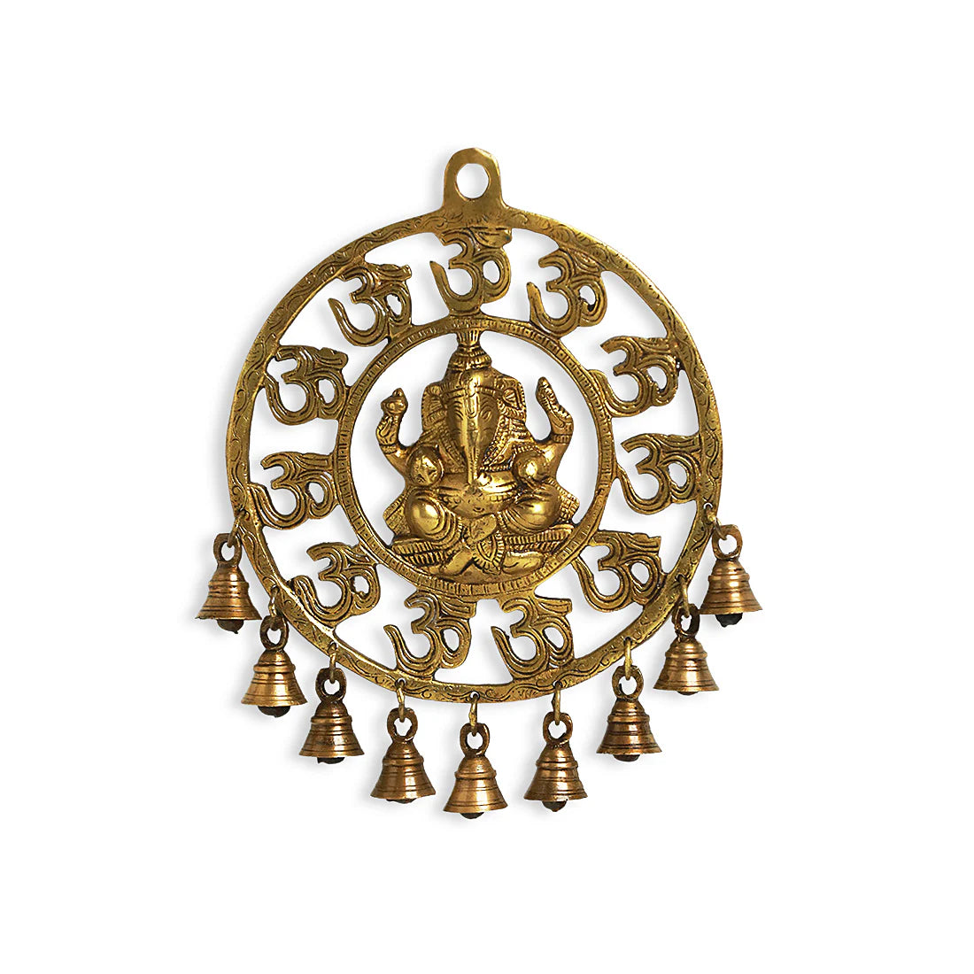 Mahaganpati' Hand-Etched Wall Decor Hanging With Bells In Brass