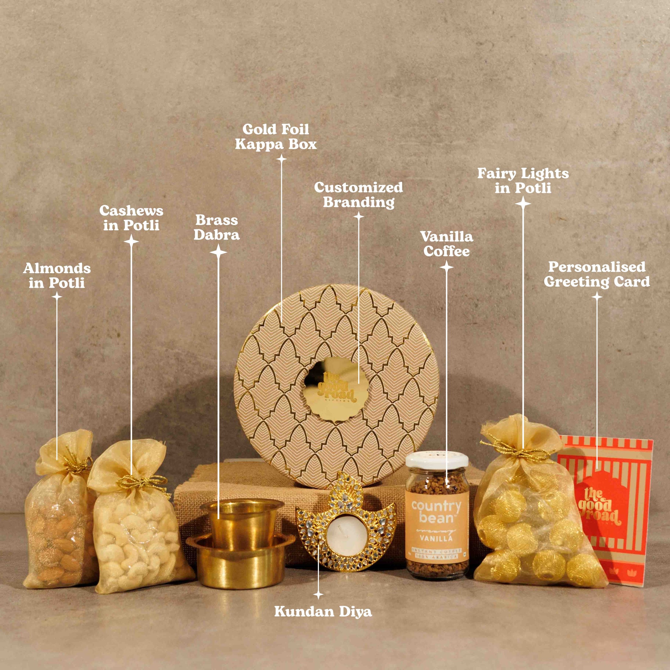 Ruhaani – Luxury Diwali Gift Hamper with Brass Dabara Set, Dry Fruits & Coffee