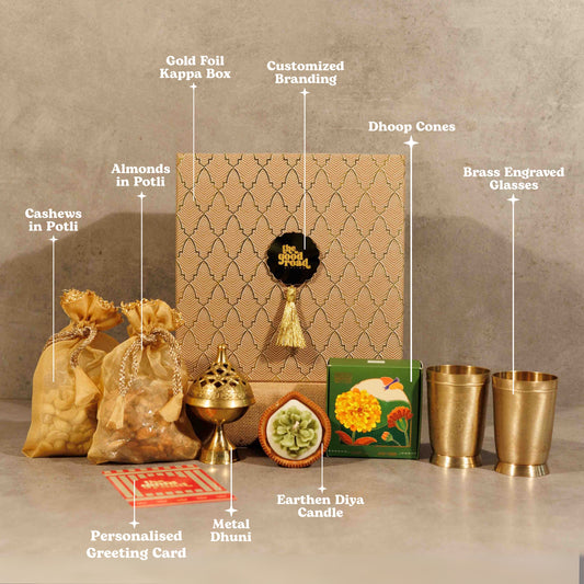 Sukoon Luxury Diwali Gift Hamper – Elegant Festive Gift Pack with Dry Fruits, Brass Glasses & Aromatic Delights