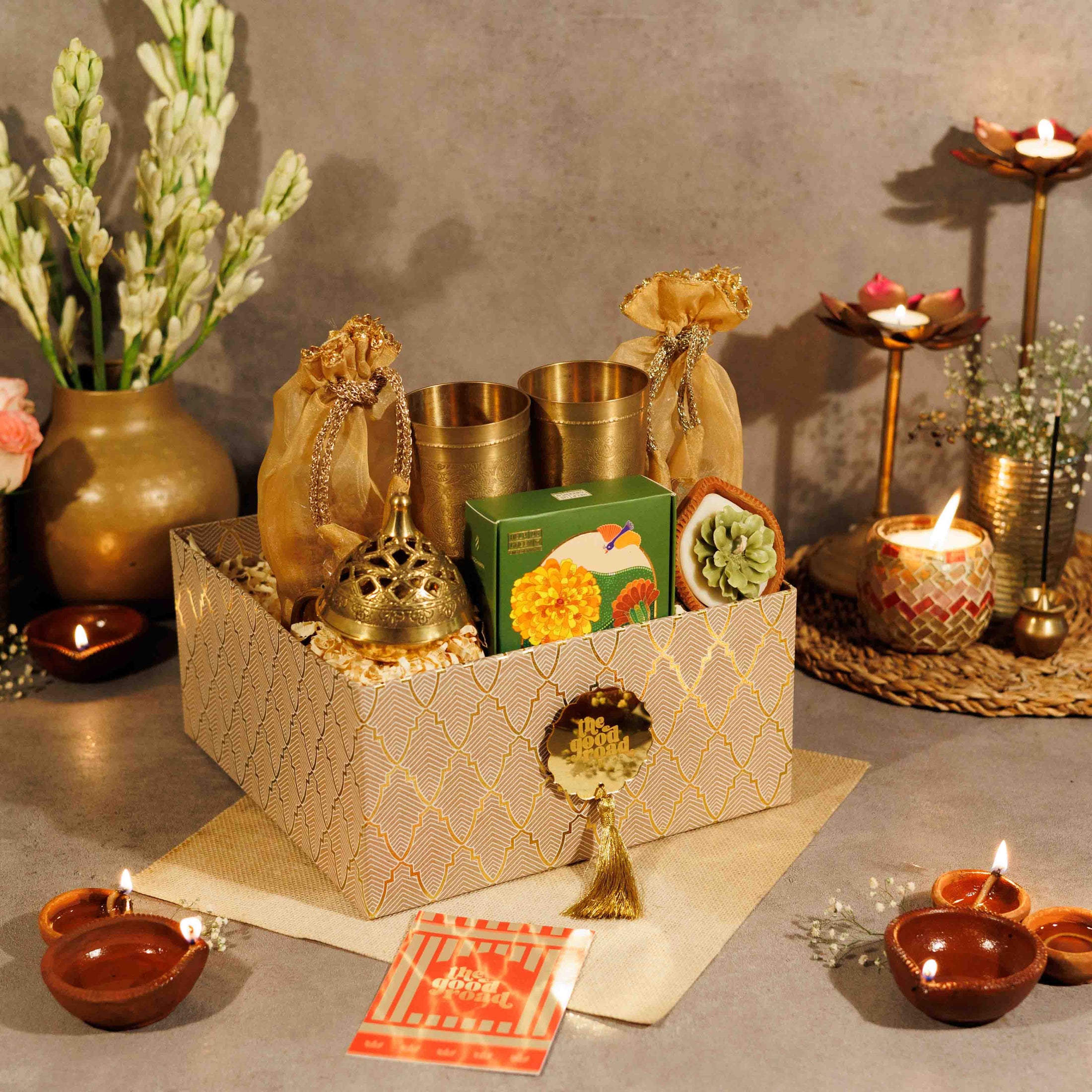 Sukoon Luxury Diwali Gift Hamper – Elegant Festive Gift Pack with Dry Fruits, Brass Glasses & Aromatic Delights