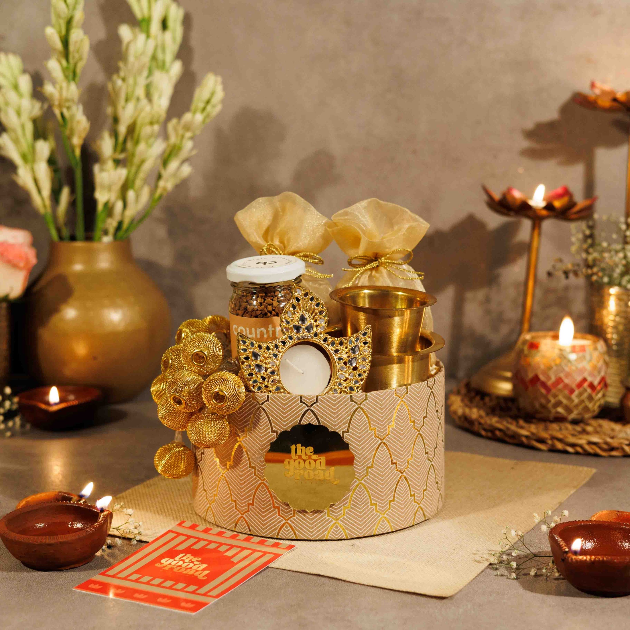 Ruhaani – Luxury Diwali Gift Hamper with Brass Dabara Set, Dry Fruits & Coffee