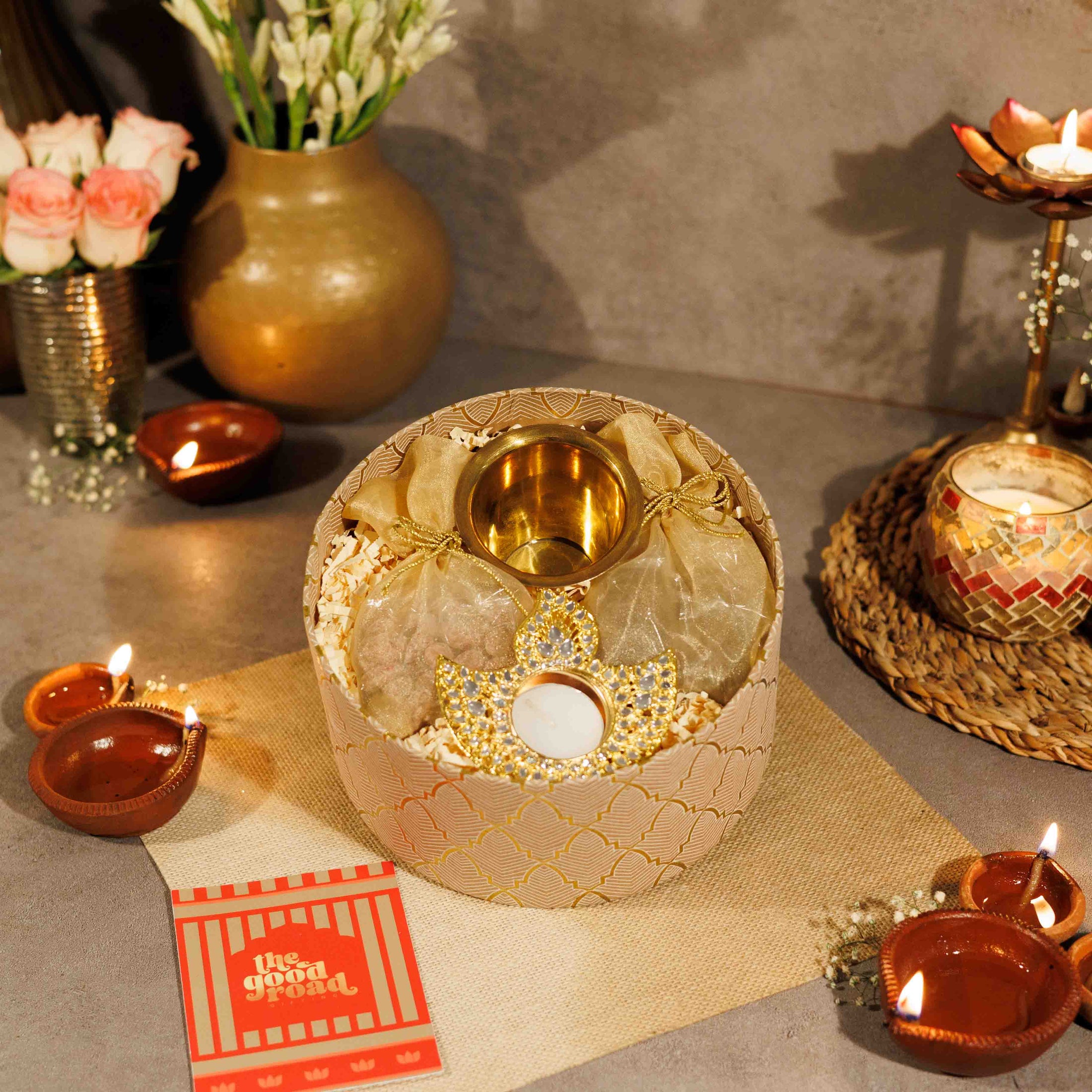 Ruhaani – Luxury Diwali Gift Hamper with Brass Dabara Set, Dry Fruits & Coffee
