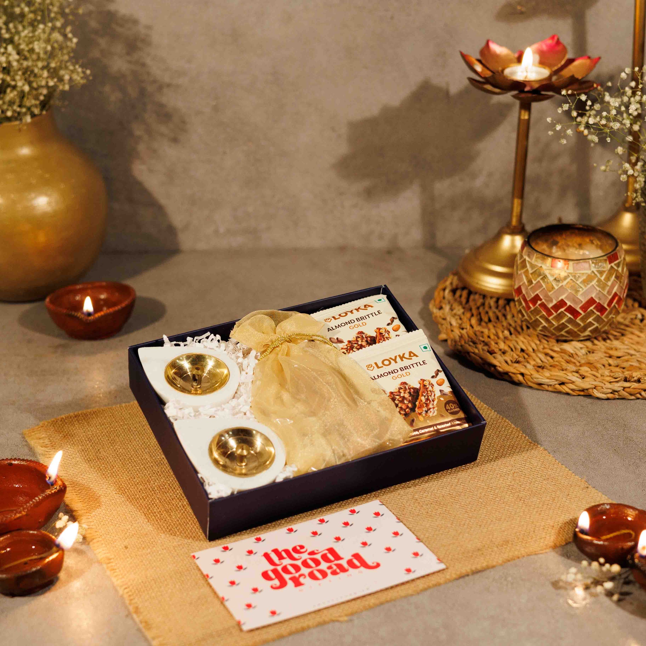 Leher Luxury Diwali Gift Hamper – Innovative Diwali Gift Box with Sweets & Diyas
