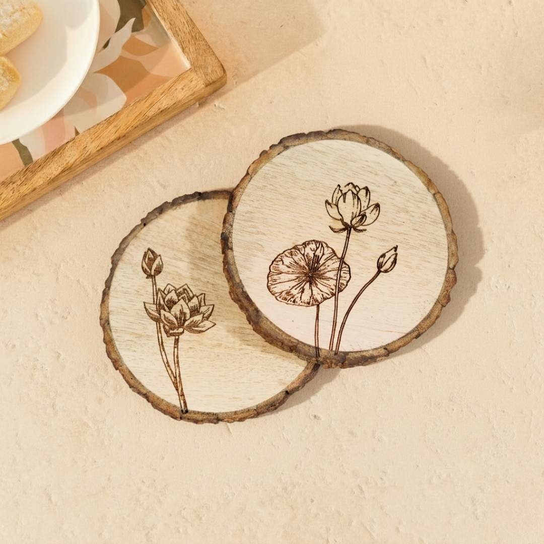 Lotus Engraved Wooden Coasters