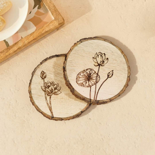 Lotus Engraved Wooden Coasters