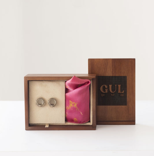 Pink Eco Printed Pocket Square and Cuff Links