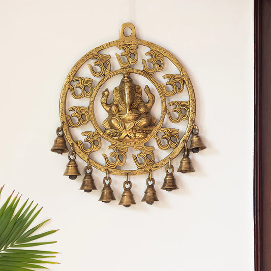 Mahaganpati' Hand-Etched Wall Decor Hanging With Bells In Brass
