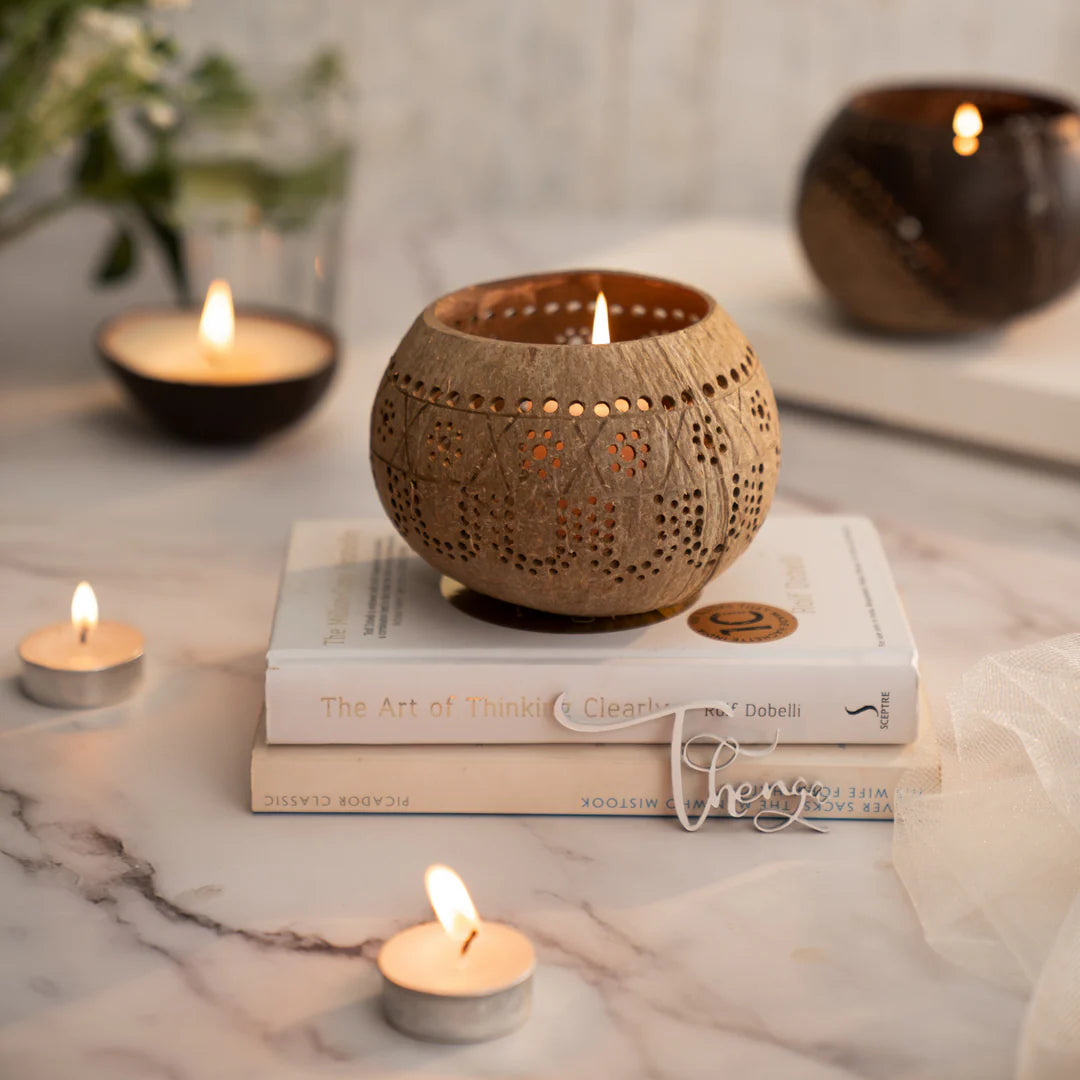Hand Carved Coconut Shell Candle Holder